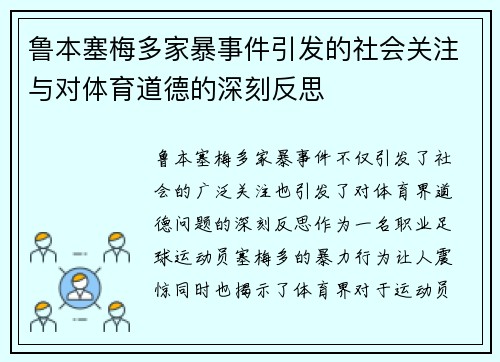 鲁本塞梅多家暴事件引发的社会关注与对体育道德的深刻反思