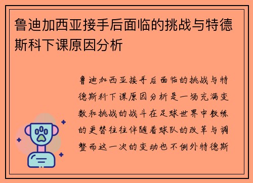 鲁迪加西亚接手后面临的挑战与特德斯科下课原因分析 鲁迪加西亚接手后面临的挑战与特德斯科下课原因分析