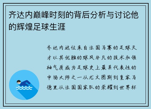 齐达内巅峰时刻的背后分析与讨论他的辉煌足球生涯